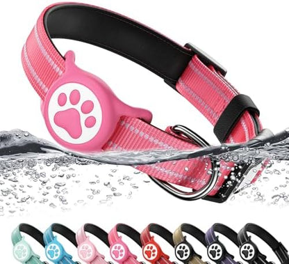 Premium Airtag Dog Collar，with IP68 Waterproof AirTag Holder,Hotpink,M