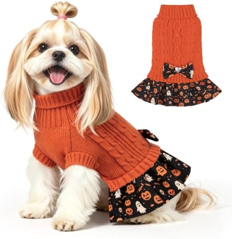 YUDODO Small Dog Sweater Dress with Bowtie Turtleneck - Knitted Pet Clothes