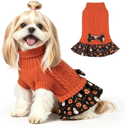YUDODO Small Dog Sweater Dress with Bowtie Turtleneck - Knitted Pet Clothes