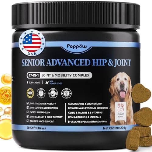 Senior Advanced Joint Supplement for Dogs – 17-in-1 Glucosamine for Dogs with Chondroitin – Hip & Joint Pain Relief Pills – Mobility Support Chews – Large & Small Breeds - Chicken Flavor – 90Ct