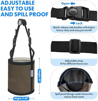 Horse Feed Bag Pack of 2 (Reinforced Bottom Edging), Feed Bags for Horses with Ventilation Mesh, Comfort Nose Pad Neck Pad, Adjustable Strap, Spill Proof Design for Feeding Grain, Supplements