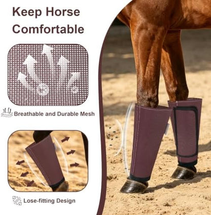 Fly Boots for Horses Set of 4, Equine Loose Fitting Leggings (Brown)