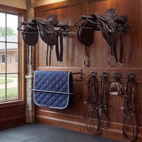 Paterr 8 Pack Horse Tack Storage Rack, Include 2 Saddle Holders, 4 Wall Mounted Bridle Hooks and 2 Blanket Bars, Detachable Heavy Duty Stable Metal Tack Organizer for Barn Stable Rack Room