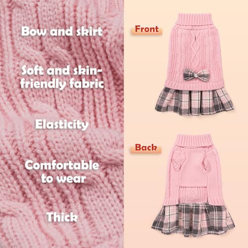 YUDODO Small Dog Sweater Dress with Bowtie Turtleneck - Knitted Pet Clothes