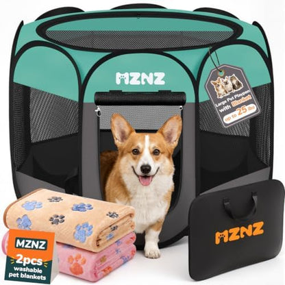 Dog Cat Small Animal Puppy Playpen Crate with 2 Blankets, Medium, Blue