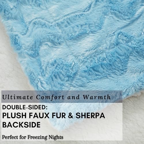 Tache Bright Sky Blue Faux Fur Throw Blanket Chevron Pattern Light Soft Fuzzy Warm Sherpa Throw Blankets, 50x60