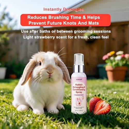 Rabbit Detangler & Conditioner Spray – Quickly Removes Tangles | Softens & Moisturizes Fur with Coconut & Jojoba Oils | Gentle for Small Pets, Leave in, 3.38 fl oz (Strawberry)