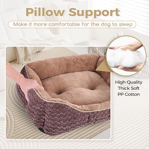 Plush Dog Bed Medium, Brown, Machine Washable, Dog Beds Sofa with Pillow Support, 25x21Inch, Corn Kernel Design, Non-Slip Bottom, Thick PP Cotton Padding