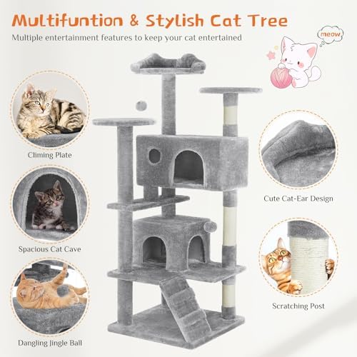 Sweetcrispy 54-Inch Cat Tree Tower – Multi-Level with Sisal Scratching Post, Perfect Pet Gift, Indoor Condo with Climbing Ladder, Plush Toy, and More Animal Stuff, Light Grey