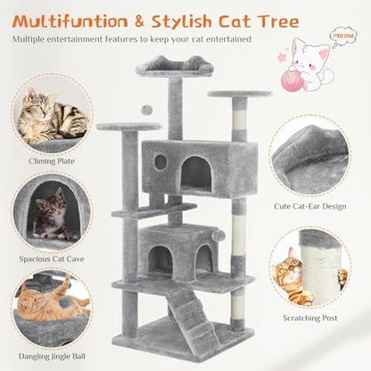 Sweetcrispy 54-Inch Cat Tree Tower – Multi-Level with Sisal Scratching Post, Perfect Pet Gift, Indoor Condo with Climbing Ladder, Plush Toy, and More Animal Stuff, Light Grey