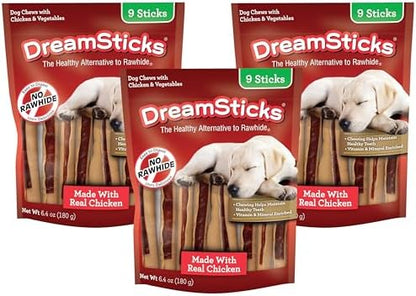 DreamBone DreamSticks, Rawhide Free Dog Chew Sticks Made with Real Chicken and Vegetables, 9 Sticks (Pack of 3)