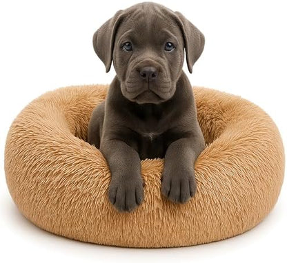Calming Dog Bed - Fluffy Donut Cuddler for Anxiety Relief, Orthopedic Pet Bed with Non-Slip Bottom, Cozy Round Faux Fur Nest for Dogs and Cats, Plush Crate Mat for Comfort (Camel, Medium)