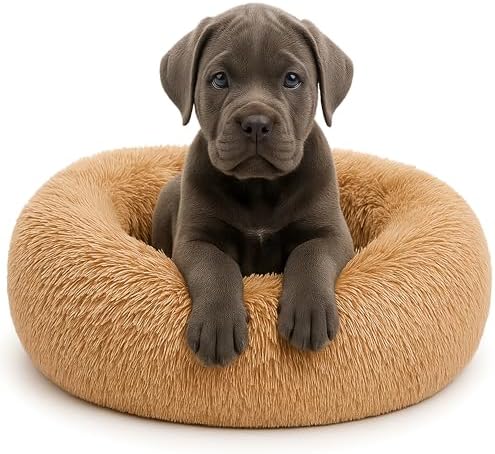 Calming Dog Bed - Fluffy Donut Cuddler for Anxiety Relief, Orthopedic Pet Bed with Non-Slip Bottom, Cozy Round Faux Fur Nest for Dogs and Cats, Plush Crate Mat for Comfort (Camel, Medium)