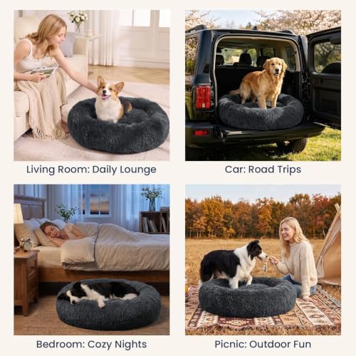 JOLLYVOGUE Calming Washable Dog Beds Large Sized Dog, 36Inch Donut Large Dog Bed with Removable Cover, Anti-Slip Round Fluffy Faux Fur Bed, Fits up to 80 lbs Pets, Dark Grey