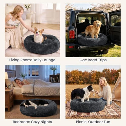 JOLLYVOGUE Calming Washable Dog Beds Large Sized Dog, 36Inch Donut Large Dog Bed with Removable Cover, Anti-Slip Round Fluffy Faux Fur Bed, Fits up to 80 lbs Pets, Dark Grey