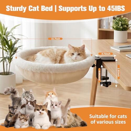 Cat Desk Bed Clamp On, 360 Swivel Faux Fur Perch, Beige