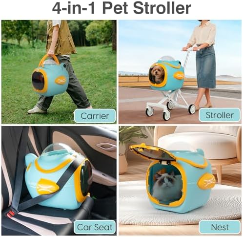 4 in 1 Foldable Pet Stroller with Detachable Carrier for Small Dogs & Cats, Space Capsule Travel Stroller with Inbuilt Fan,Temperature Display & Night Light,Puppy Kitty Doggie Bunny Stroller(Blue)