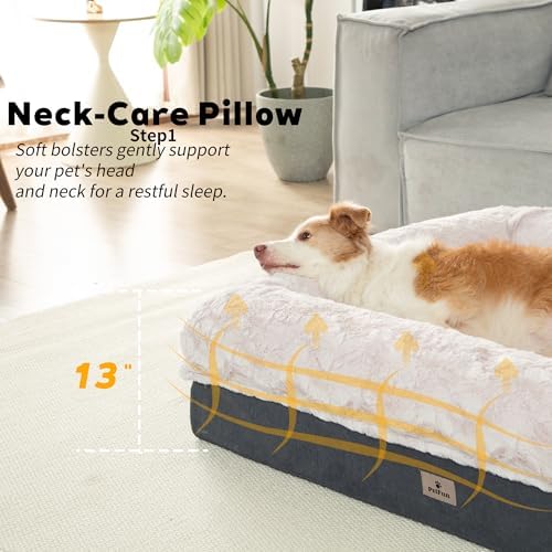Memory Foam Dog Bed, Extra Large Orthopedic Dog Sofa with Sides and Waterproof Liner, Washable Bolster Pet Bed Couch with Removable Cover, Jumbo | 50 inch, Off-White