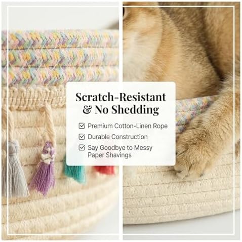 Cat Bed Basket with Play Ball - Cotton Rope Cat Beds for Indoor Cats, Kittens & Medium and Large Cat - Cat Scratching Bed with Decorative Tassels,18.9" L x 18.9" W x 6" Th