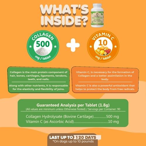 Collagen for Dogs & Cats - Collagen Supplements for Joint Health - Vitamin C Supplement for Joint Mobility - Joint Support Supplement for Dog & Cats - Bacon Flavored Tablets (2 Pack, 120 Tabs)