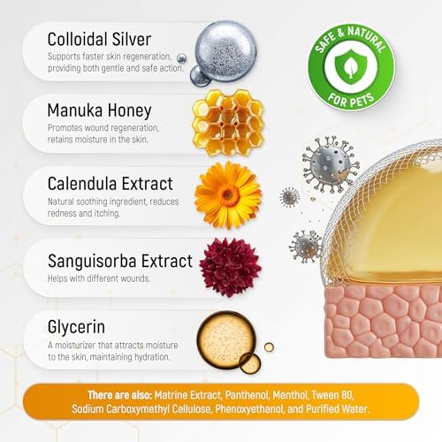 SILVER GRADE Dog Wound Care with Manuka Honey & Colloidal Silver for Scratches & Skin Irritations – Cat & Dog Hot Spot Treatment Gel Works as Honey Rapid Wound Repair for Horses – for All Pets – 2-Oz