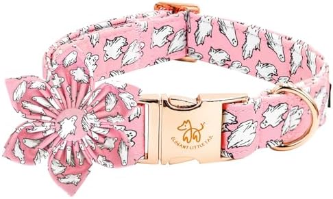 Elegant little tail Halloween Dog Collar, Pink Ghosts Print Dog Collar with Flower Puppy Collar Flower Female Cotton Adjustable Collars for Small Medium Large Dogs