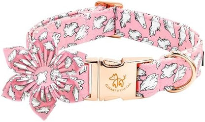 Elegant little tail Halloween Dog Collar, Pink Ghosts Print Dog Collar with Flower Puppy Collar Flower Female Cotton Adjustable Collars for Small Medium Large Dogs