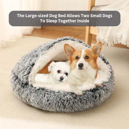 Hooded Donut Dog Bed, Self-Warming Cat Cave for Puppies & Kittens