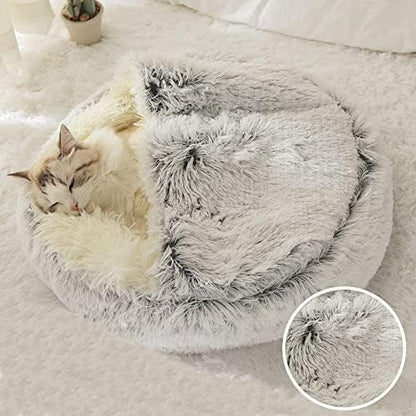 Cat Bed Round Fluffy Hooded Cat Bed Cave, Anti-Anxiety Cave Bed with Hooded Blanket, Cozy Cuddler Luxury Puppy Pet Bed, Anti-Slip Bottom and Machine Washable