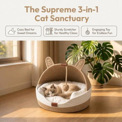 Cat Bed Basket for Indoor Cats with Cat Ear Cover Design