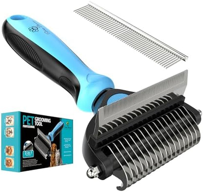 Spring Blossoms-2 in 1 Professional Grooming Rake for Cats & Dogs-Dematting Comb for Easy Mats & Tangles Removing,Pet Brush Safe No More Nasty Shedding and Flying Hair (Blue)