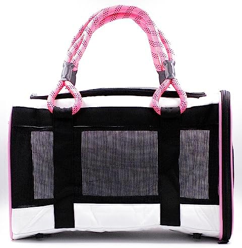 Buddy's Best Airline Approved Pet Carrier – White & Pink Heavy Duty, Fits Under Seat, TSA Compliant, Ventilated Mesh Design w/Waterproof Base & Reflective Safety Strips