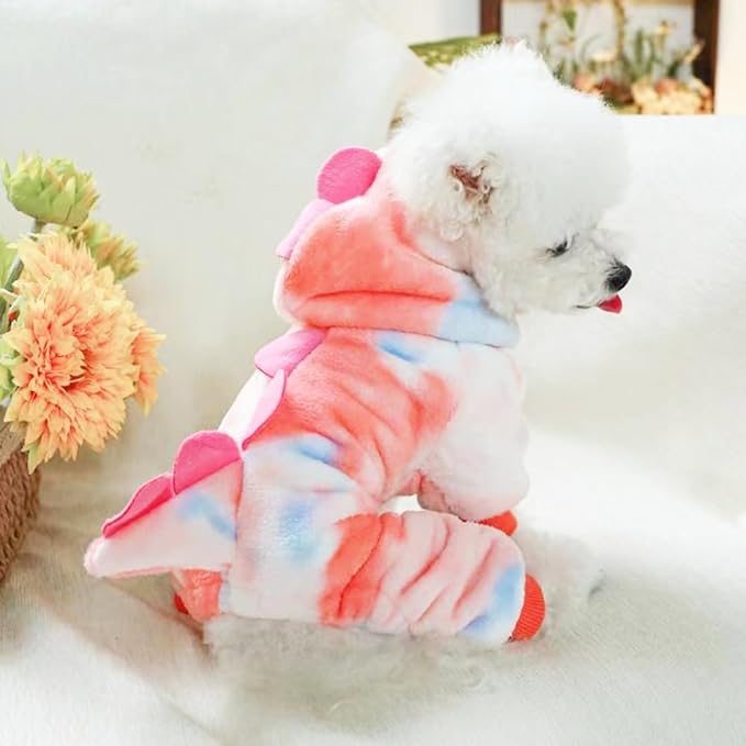 Dinosaur Dog Clothes for Small Dog Girl Boy, Fleece Winter Puppy Hoodies with Leash Ring, Cold Weather Coat for Cat, Funny Dinosaur Costume for Christmas Halloween. (Pink, Small)
