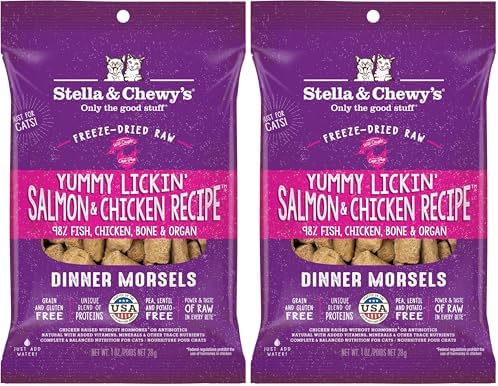 Stella & Chewy's Freeze-Dried Raw Cat Dinner Morsels - Premium Salmon & Chicken Recipe with 98% Wild-Caught & Cage-Free Protein - Natural Grain-Free Cat & Kitten Food - Made in USA - 1 oz (Pack of 2)