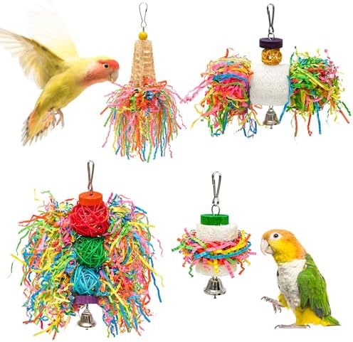 4PCS Bird Parrot Foraging Toys Parakeet Chewing Hanging Toy Shredded Paper Cage Accessories for Small Parrots Parakeets Conures Cockatiels Love Birds Cage Toy (4Pack)