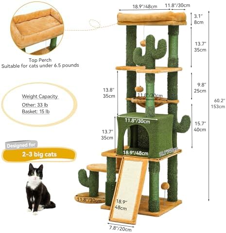DWVO Cactus Cat Tree for Large Cats: 60" Tall with Self-Grooming Brush, Cute Kitten Climbing Tower for Indoor Kittens with Cat Condo, Top Perch, Basktet, Sisal Scratching Posts, Dangling Ball