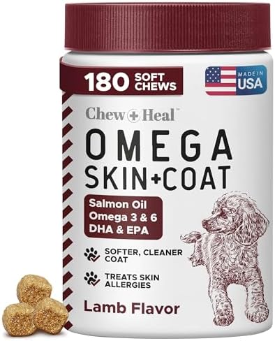 Omega 3 Fish Oil for Dogs, Lamb Flavor - 180 Soft Chews for Skin and Coat