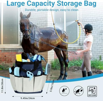 Horse Grooming Kit, 14-in-1 Professional Horse Brush Supplies Set for Grooming & Care, with Horse Brushes, Curry Comb, Hoof Pick & Waterproof Storage Tote Bag for Shining, Detangling, Massaging(Blue)