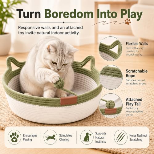 Instinct Basket for Cats - Handwoven Cotton Rope Enrichment Bed with Attached Toy Tail, Scratchable Interactive Pet Nest Features Flexible Walls to Fight Boredom & Protect Furniture (Grey & Mat, L)