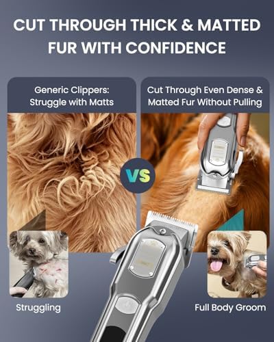 M&M STAR Dog Clippers for Grooming Thick Heavy Coats, All-Metal Body Low Noise Cordless Rechargeable Dog Hair Trimmer, Stainless Steel Blade, Professional Pet Grooming Kit for Dogs & Cats (Silver)
