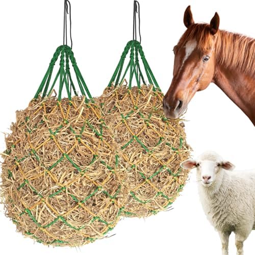 2PCS Hay Nets for Horses,2.36"x2.36" Holes 40”Horse Hay Feeder Net for Slower Feeding,Strong Load-Bearing Hay Bag Hanging for Horse Stable Trailer (Green)