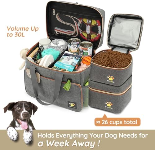 Dog Travel Bag for Traveling| Week Away/Overnight Dog Travel Accessories with Multi-Function Pockets| Travel Set for Dogs and Cats|Ideal Pet Diaper Bag and Pet Gift Kit(Grey)