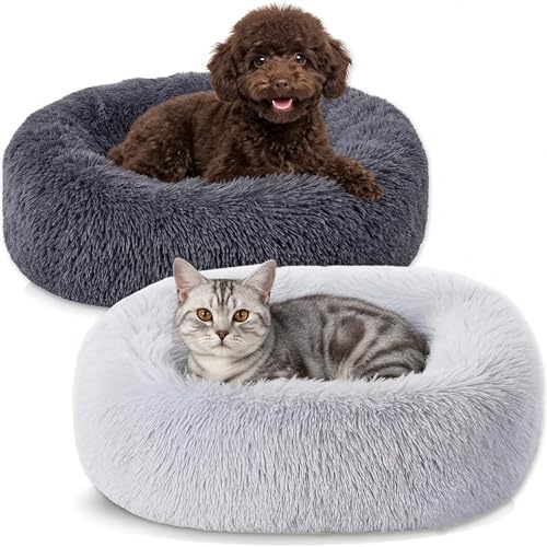 2-Pack Small Calming Dog & Cat Bed Anti Anxiety Fluffy Plush Pet Beds with Anti-Slip Bottom Machine Washable Interchangeable Pet Bed for Kittens & Puppies(Gray Series,21x16.5 Inch)