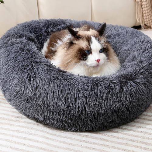 Round Donut Cat Bed Dog Bed Plush Calming Pet Beds Fluffy Rabbit Cave Warm Dog Couch Non Slip Bottom for Pets Up to 18KG