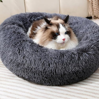 Cat Bed Small Dog Bed for Indoor Cats, Self-Warming Ultra-Soft Plush Calming Kitten Bed, Rabbit Pillow Pet Beds Non-Slip Machine Washable Dark Gray 17.5" Up to 10lbs