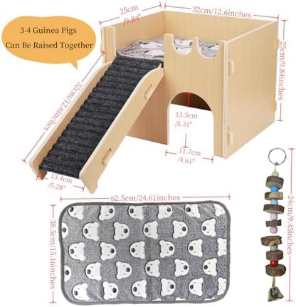 Guinea Pig Hideout, Small Animals House with | Mat Ramp | Cave | Blanket | Toy |, Wooden Detachable Castle for Guinea Pig Cages Accessories, Bed Hut Habitats for Hamster Bunny Playing Sleeping Hiding