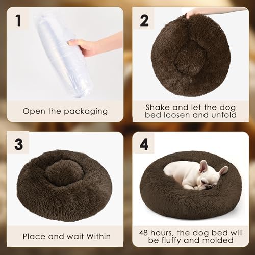 Dogs Bed for Small Dogs, Anti-Anxiety Washable Round Bed (24in Coffee)