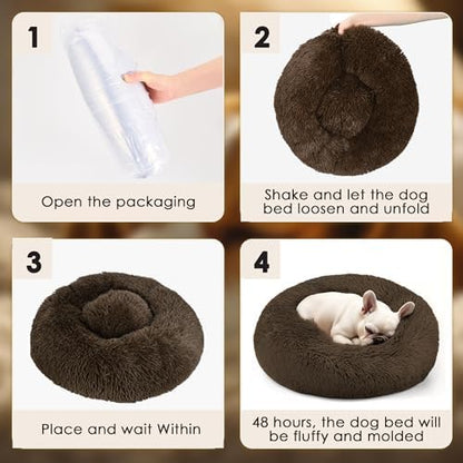 Dogs Bed for Small Dogs, Anti-Anxiety Washable Round Bed (24in Coffee)