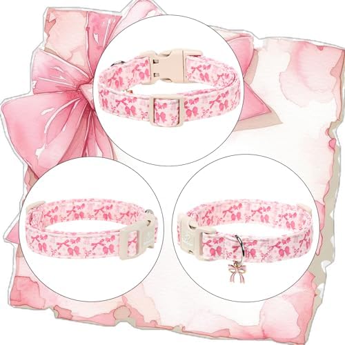Pink Bow Dog Collar Cute Girl Dog Collars for Small Dogs - Lightweight Adjustable Girly Spring Female Dogs Everyday Collar with Safety Buckle S