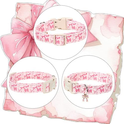 Pink Bow Dog Collar Cute Girl Dog Collars for Small Dogs - Lightweight Adjustable Girly Spring Female Dogs Everyday Collar with Safety Buckle S